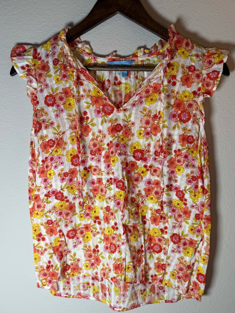 Draper James White Floral V-Neck Flutter Sleeve Top - Pink & Yellow Flowers
